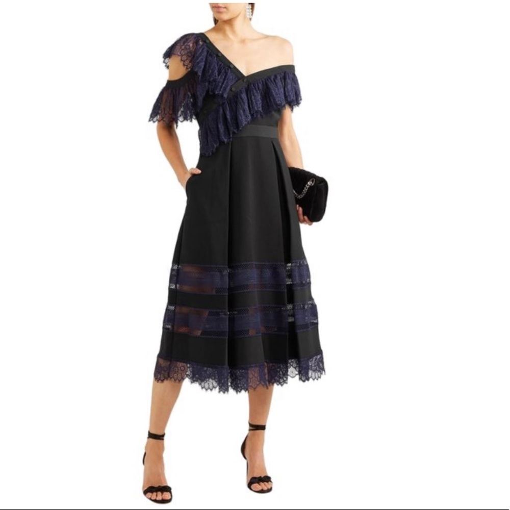 Self-portrait black/blue off shoulder midi dress